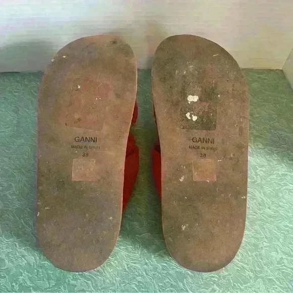 GANNI  SATIN KNOTTED PLATFORM SANDAL SLIDE CROSSOVER STRAPS RED 38 $375 - Picture 5 of 7